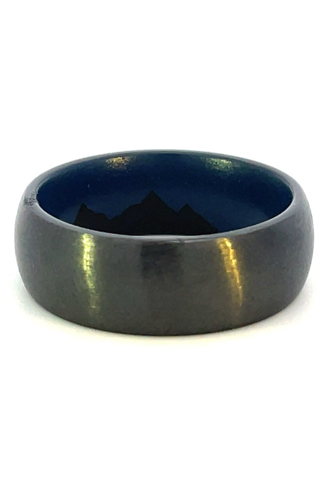 Men's 8mm Black Ceramic Domed Band with Navy Blue Mountain Cerakote Sleeve side