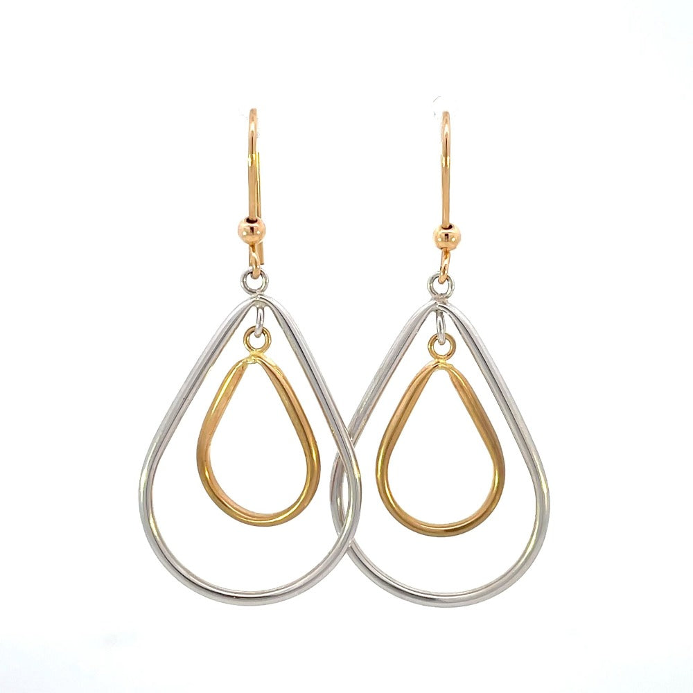 front view of 14k two toned gold earrings with pear shaped drops