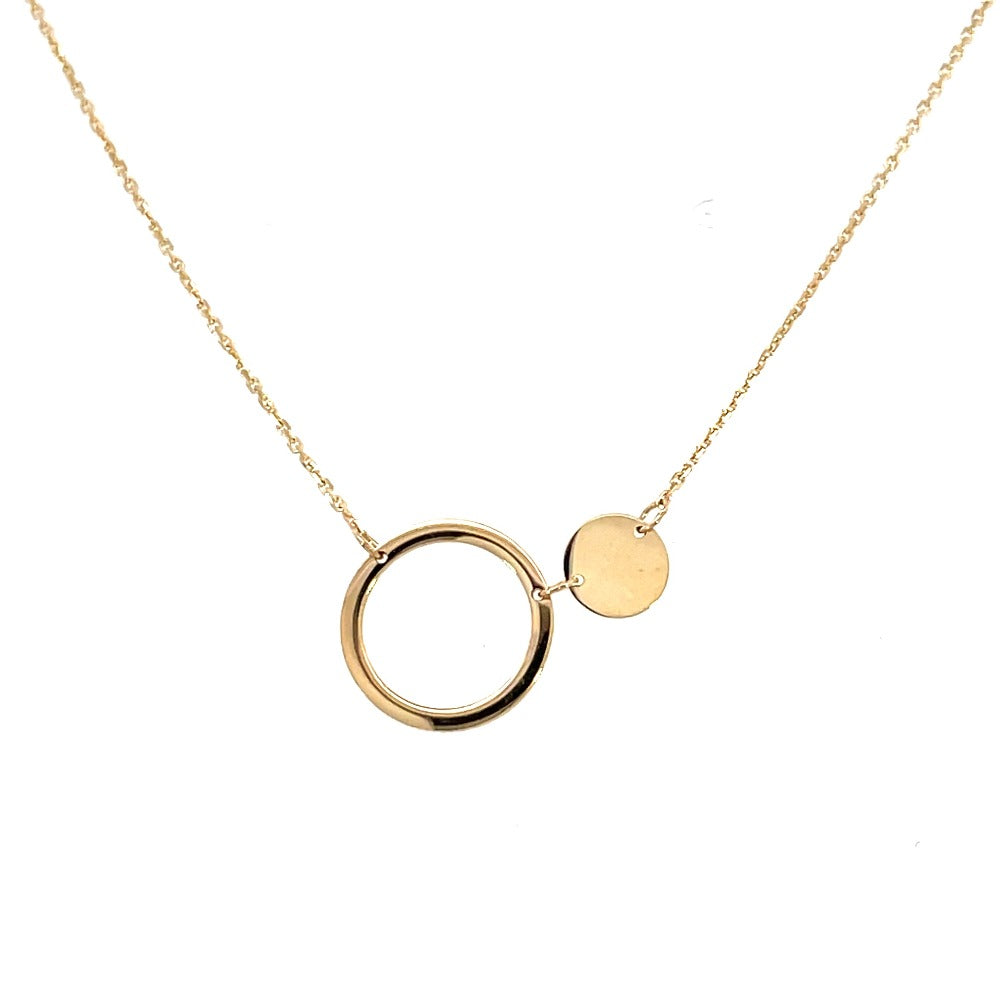 front view of 14k yellow gold variant of open and solid circle necklace