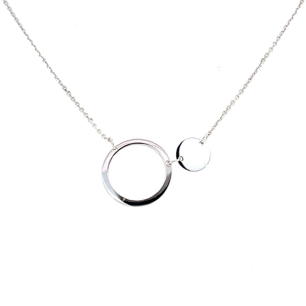front view of white gold variant of 14k gold open and solid circle necklace