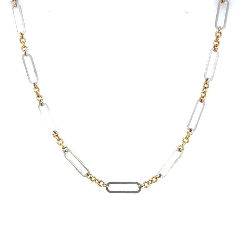 detail view of 14k two toned gold open and cable link chain necklace