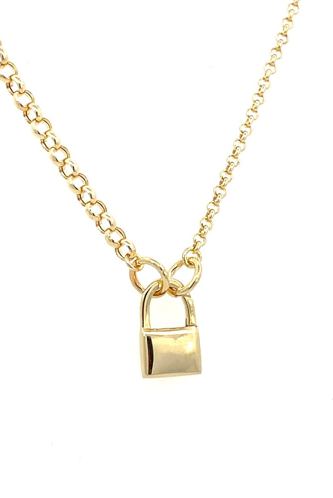 14KY Hallow Rolo 50/50 Split Chain 20" with Padlock Shaped Pendant