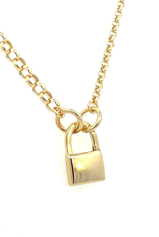 14K Gold Padlock Shaped Pendant Lock on chain