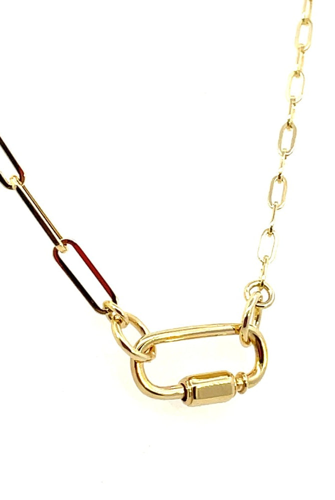 14KY Oval Clasp Pendant with Hexagon Twist Closure on Paperclip Chain