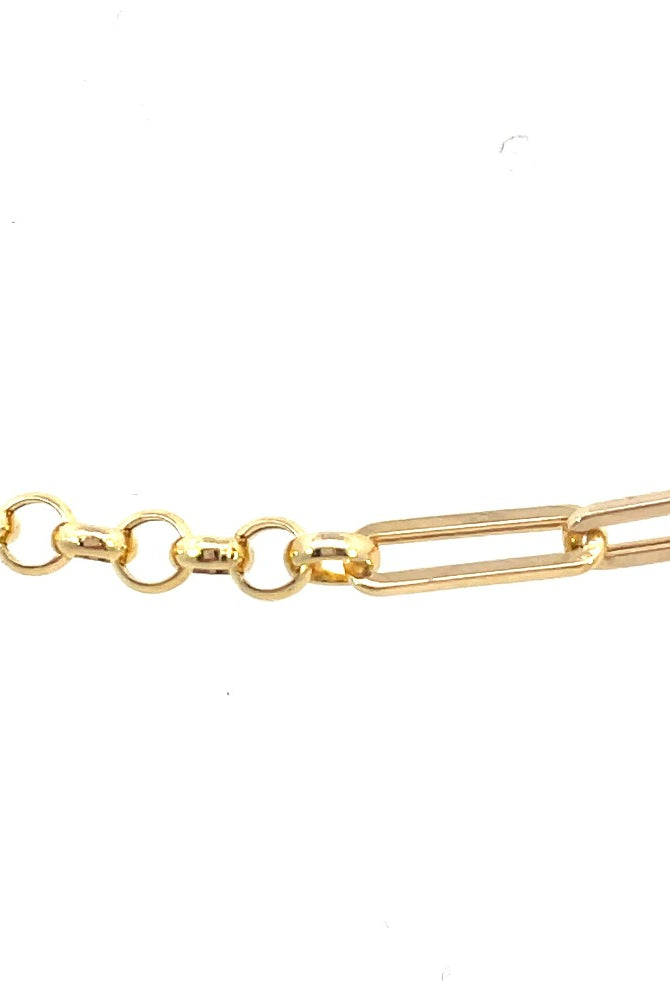 14K Gold Split Paperclip and Rolo Chain Bracelet up close