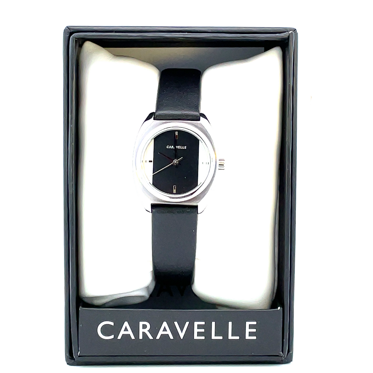 Caravelle by Bulova Watch, Black Leather Band with Silver 