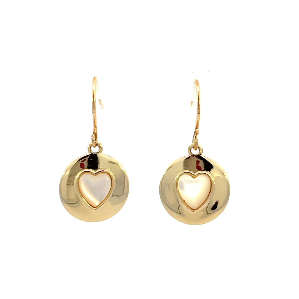 front view of yellow gold plated sterling silver dangle earrings with mother of pearl heart center