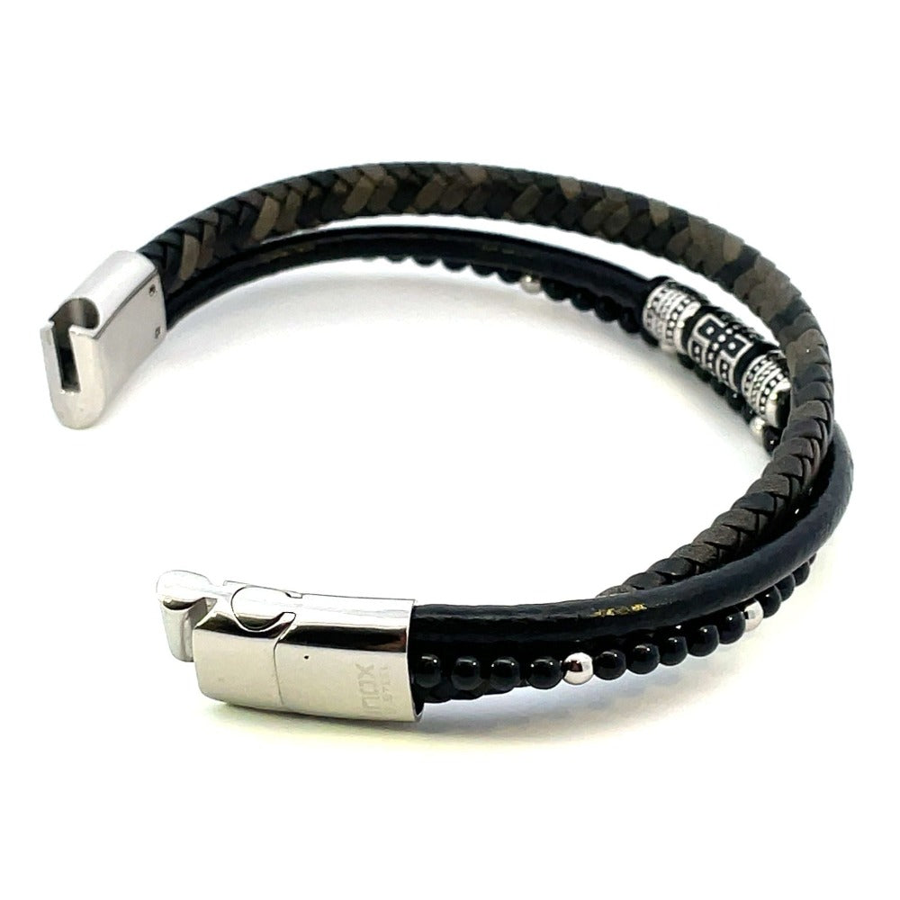 Layered Black Onyx and Leather 3 Strand Bracelet