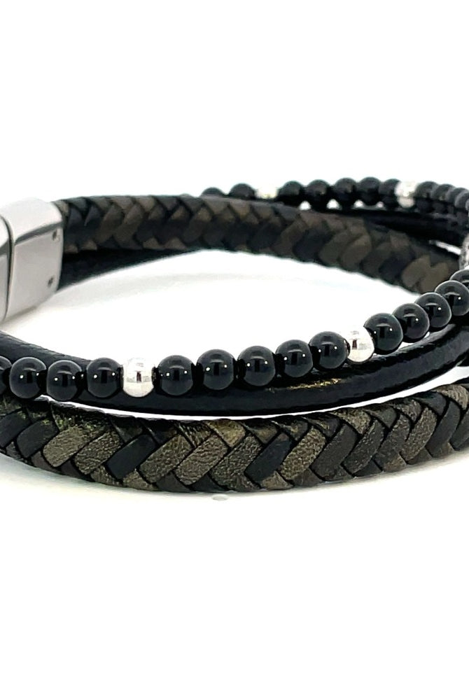Layered Black Onyx and Leather 3 Strand Bracelet side