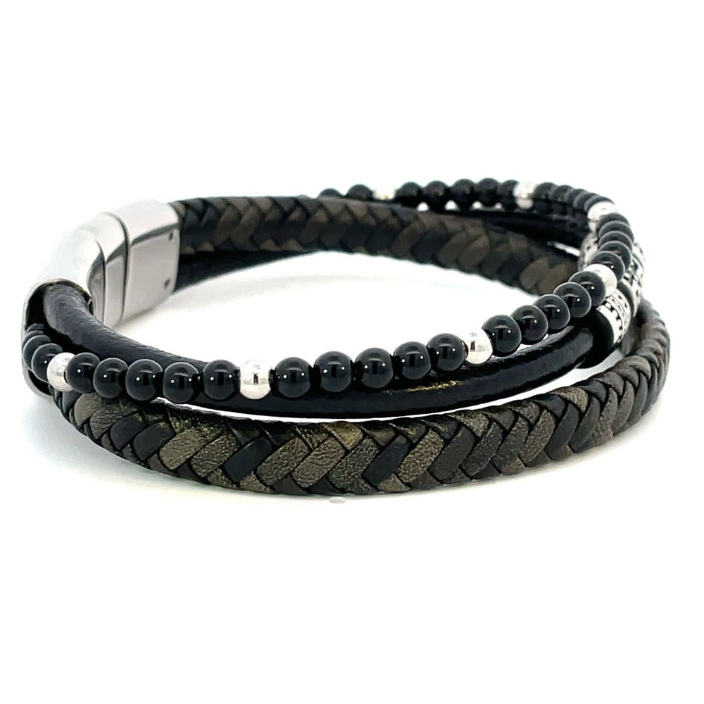 Layered Black Onyx and Leather 3 Strand Bracelet side
