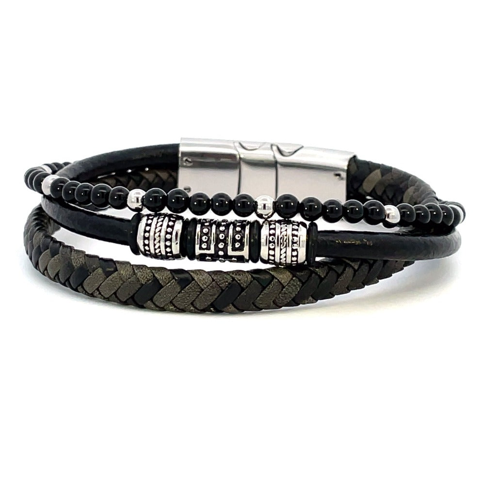 Men's Stainless Steel and Black Onyx Beads with Black Braided Leather Layered Bracelet