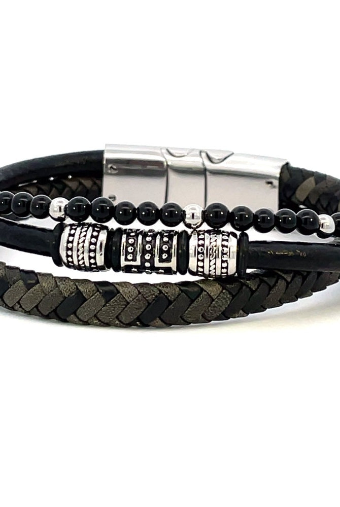 Layered Black Onyx and Leather 3 Strand Bracelet