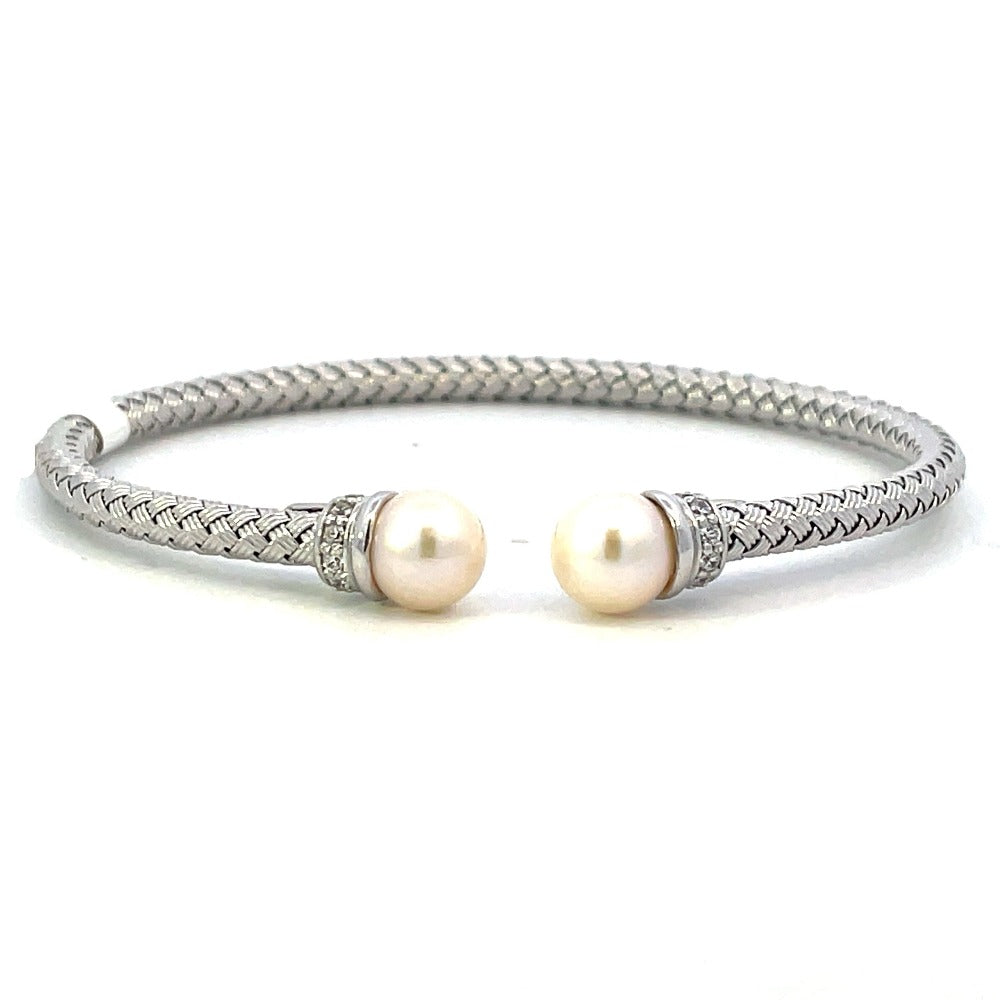 Sterling Silver Basket Weave Cable Cuff with Pearls