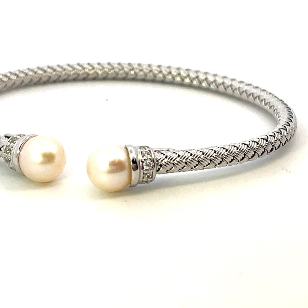 Sterling Silver Basket Weave Cable Cuff with Pearls up close