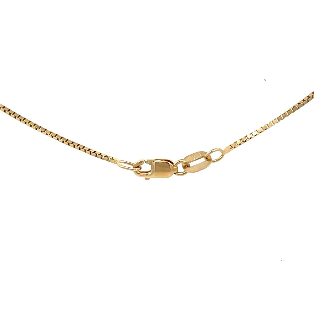 detail view of lobster clasp on 18 inch 14k yellow gold box chain. picture shows karat and origin stamps.