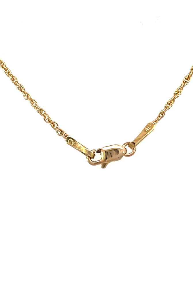 detail view of lobster clasp on 18 inch long 14k yellow gold diamond cut rope chain. picture shows karat and origin stamps.