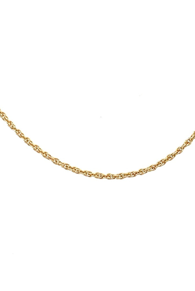 detail view of 18 inch long 14k yellow gold diamond cut rope chain