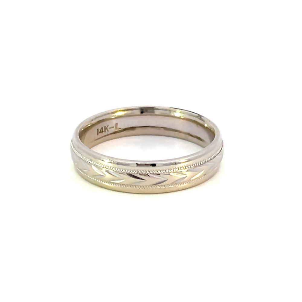 front view of gent's 14k white gold wedding band. picture shows the 14k gold stamp on the inside of the band