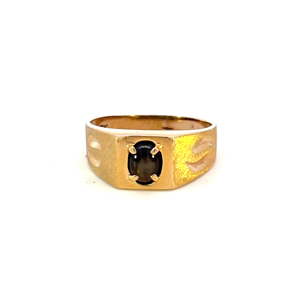 front view of men's 10 karat yellow gold black star sapphire ring