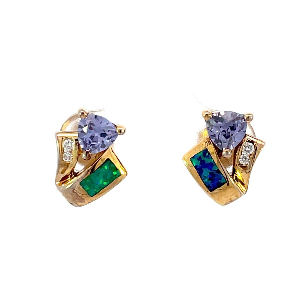 front view of gold-plated sterling fashion earrings with colored gemstones and diamond