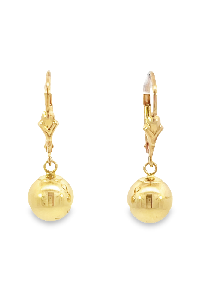front view of 14KY gold ball drop earrings