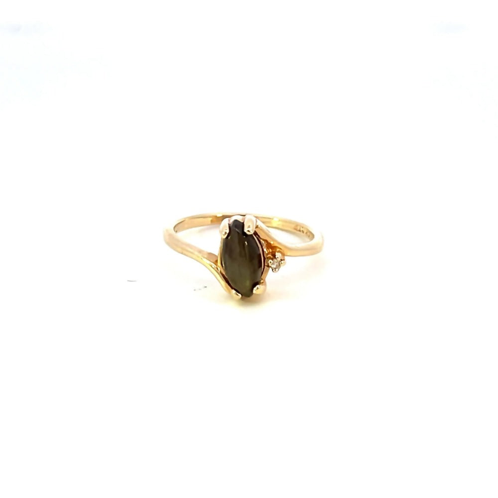 front view of 14ky black star sapphire ring with diamond accent