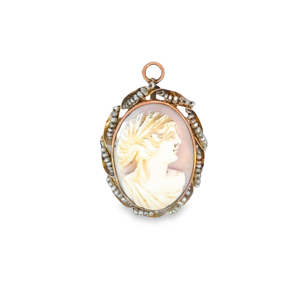 front view of 10ky pink cameo pendant/pin