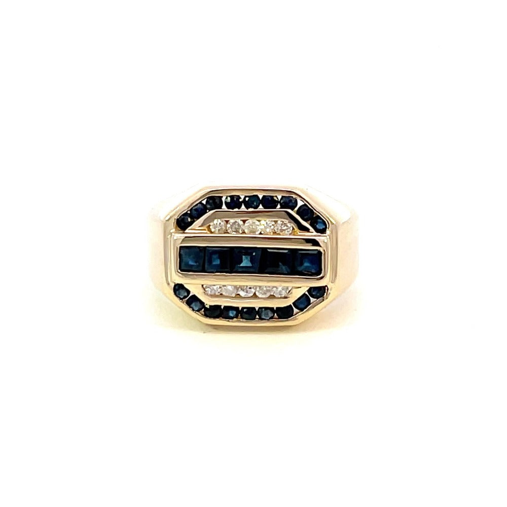 front view of 14ky gents sapphire and diamond ring