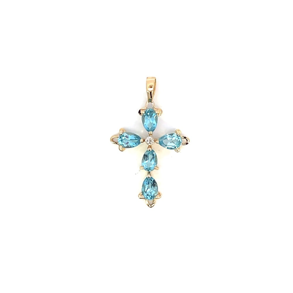 front view of 14ky blue topaz cross with diamond accent.