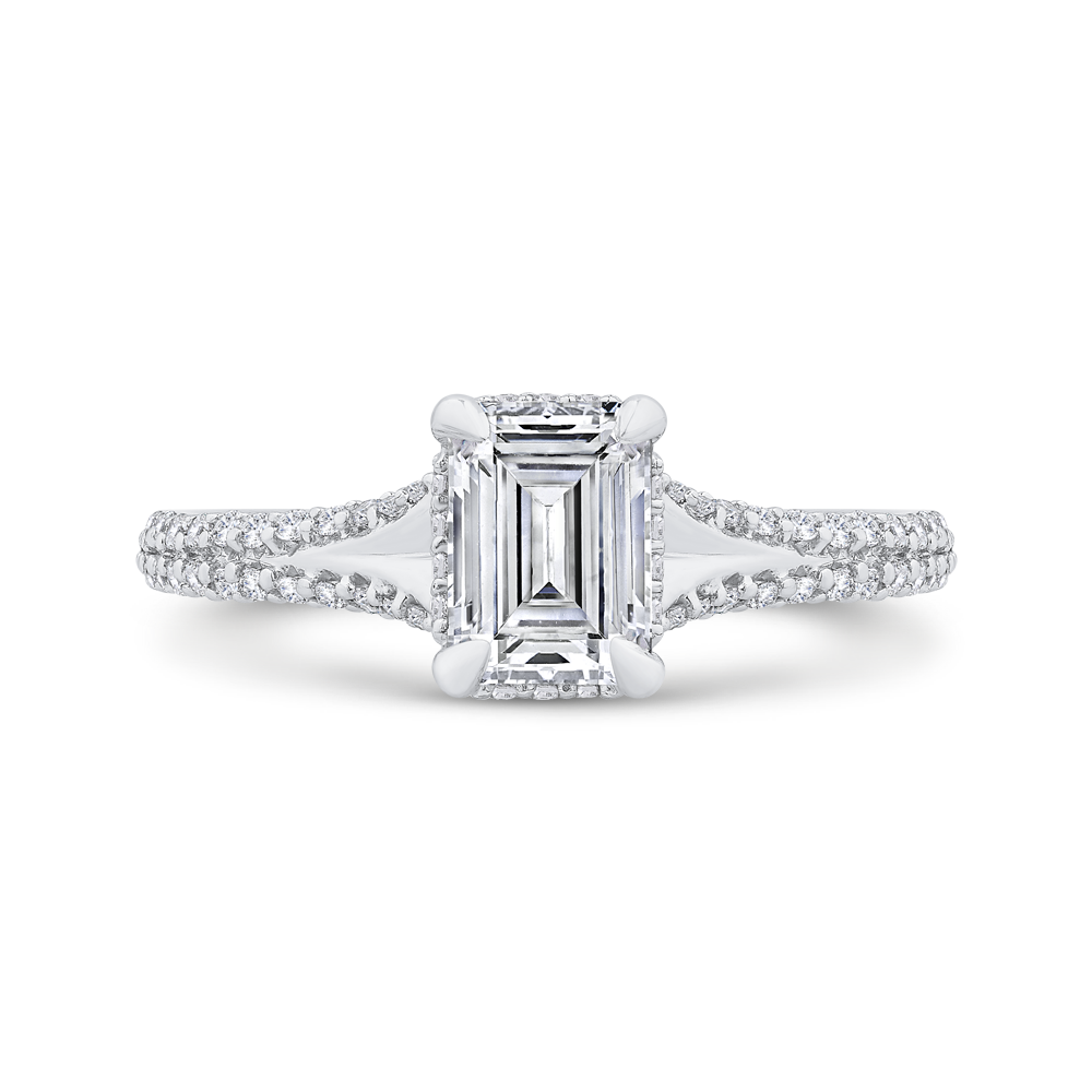 emerald diamond engagement ring in 14k white gold with split shank (semi-mount)