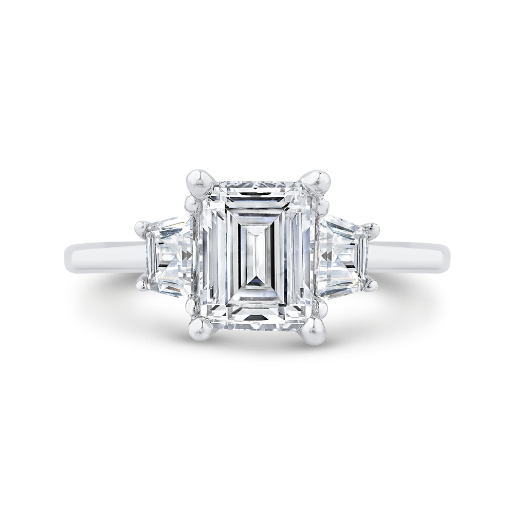 14k white gold three stone engagement ring center emerald with trapezoid sides diamond - lab diamond ring