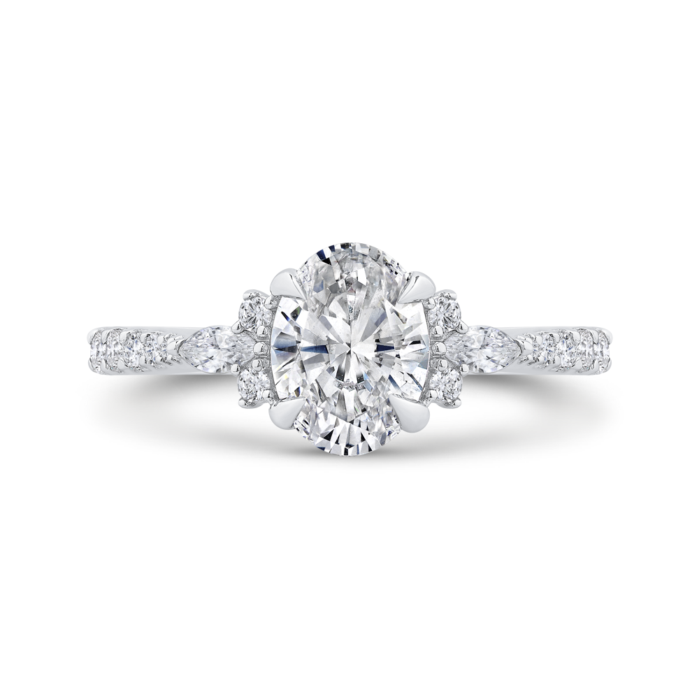 14k white gold three stone plus round diamond engagement ring