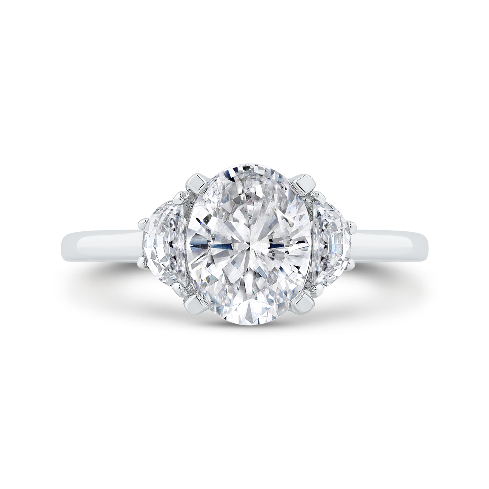 14k white gold three stone engagement ring center oval with half-moon sides diamond - lab diamond ring