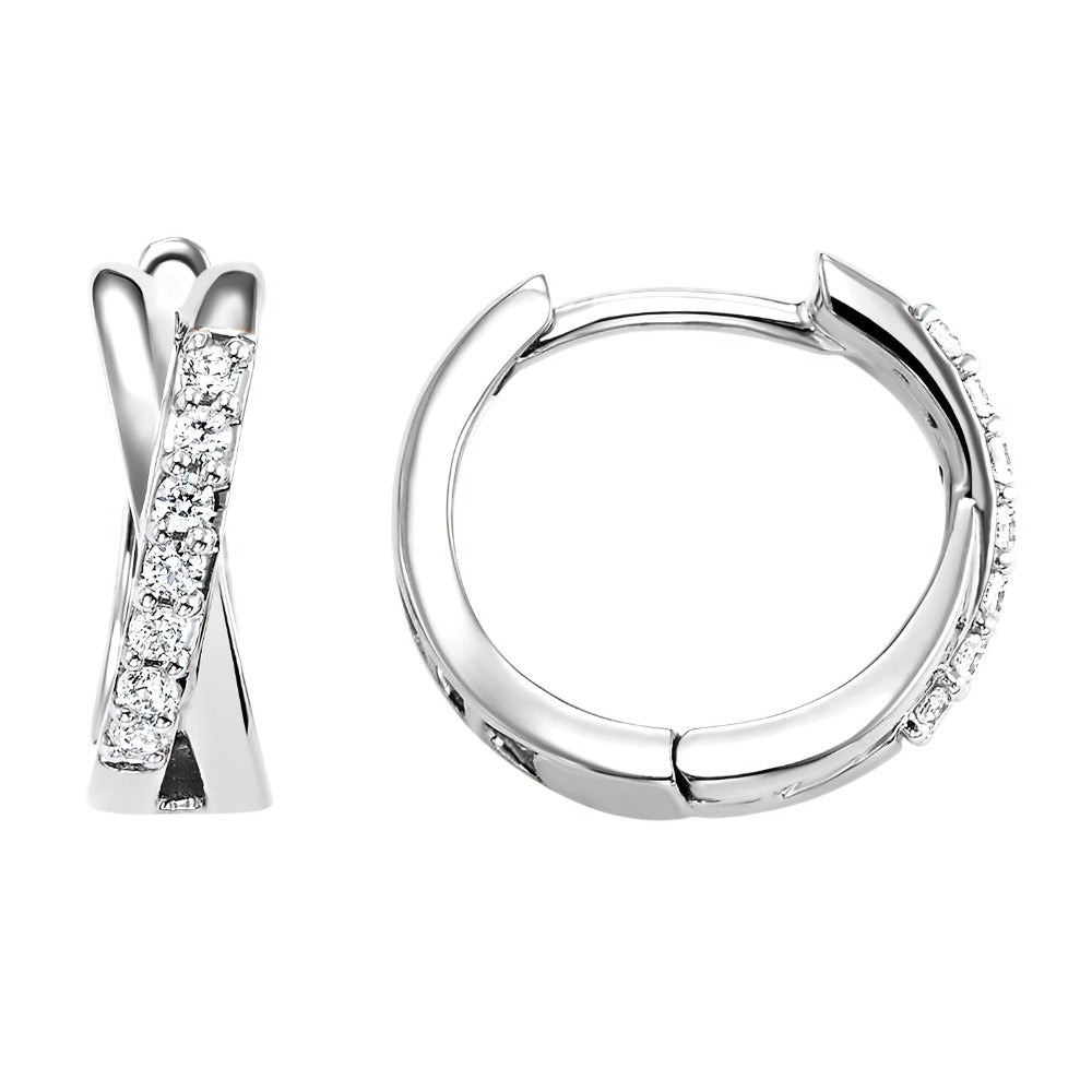 front and side view of white gold variant of gold and diamond criss-cross hoop earrings.