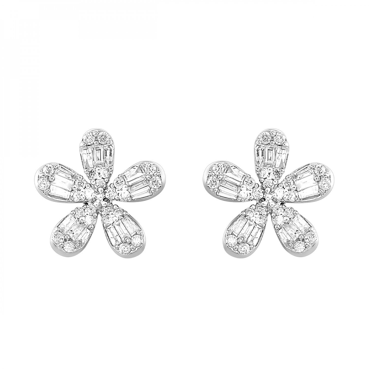 10K White Gold Flower Earrings with Baguette and Round Diamonds