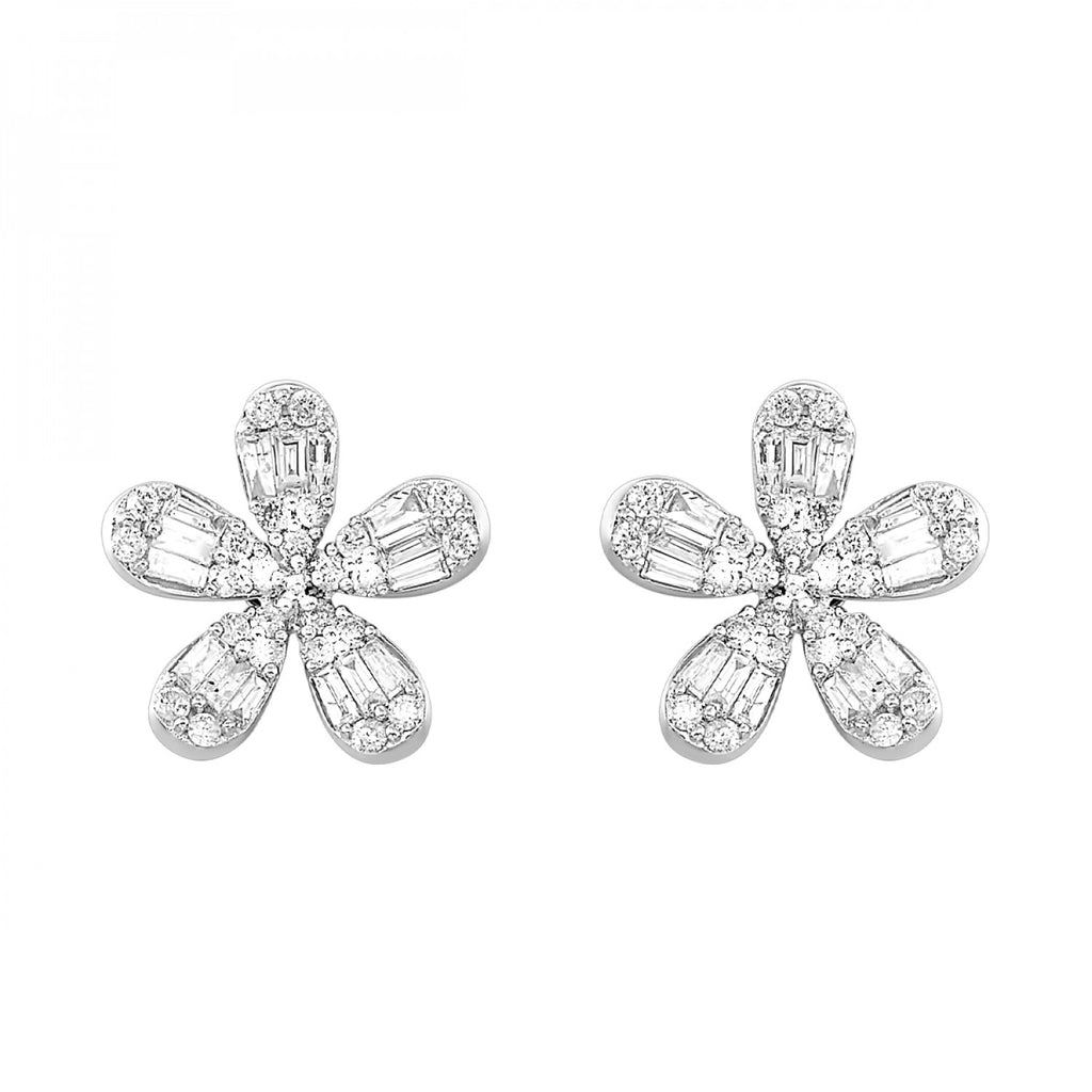 10K White Gold Flower Earrings with Baguette and Round Diamonds