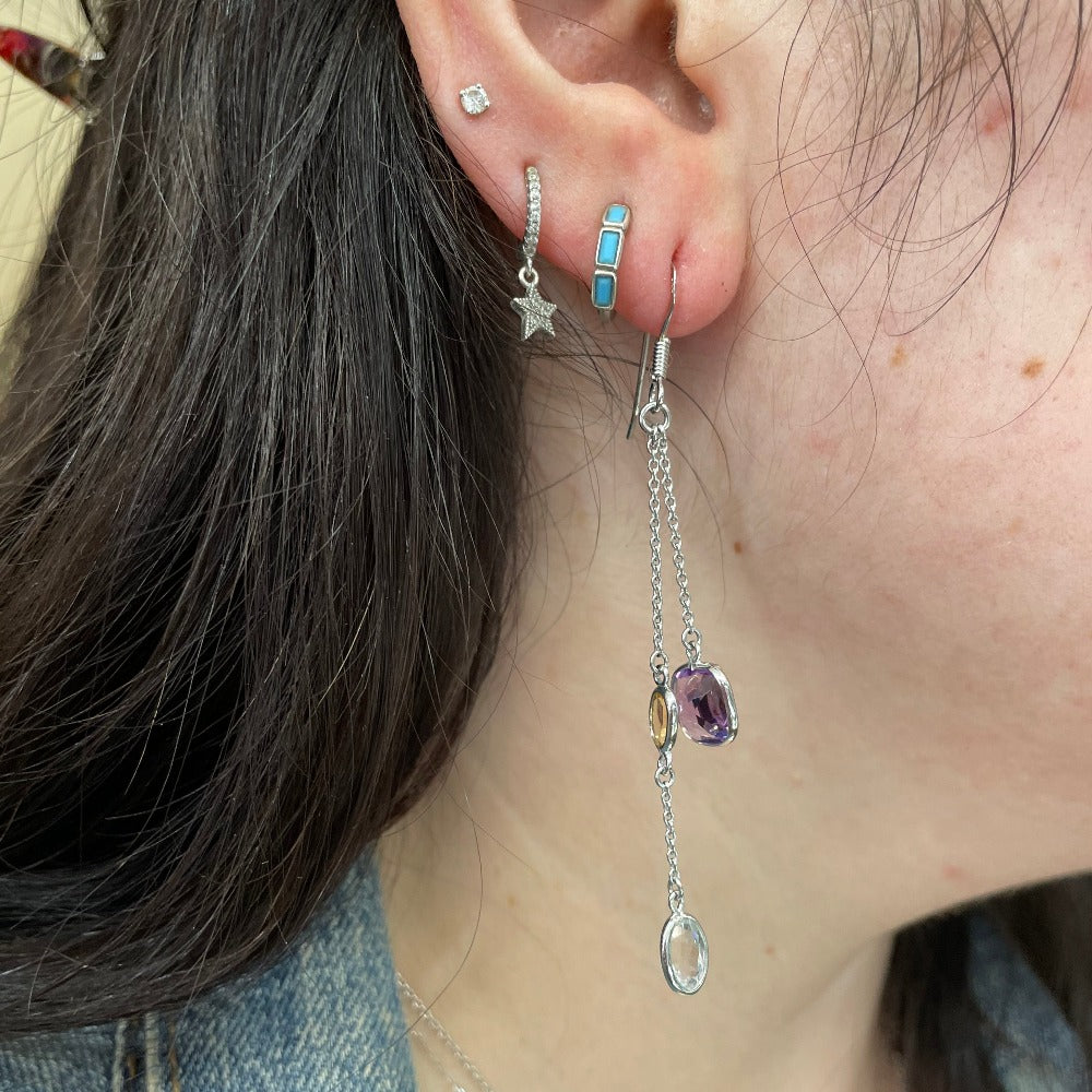 Sterling Silver Multi-Stone Dangle Drop Earrings in ear