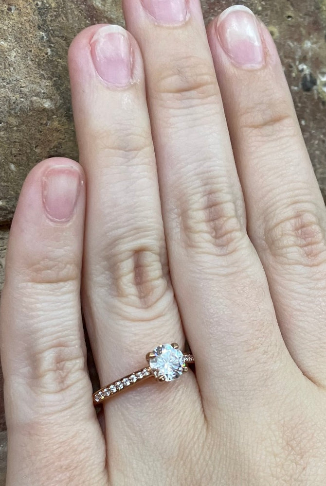 14K Rose Gold Round Cut Diamond Solitaire with Accents Engagement Ring (Semi-Mount) on hand