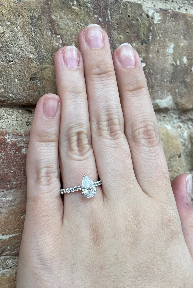 14K White Gold Pear Cut Diamond Engagement Ring (Semi-Mount) on model's hand