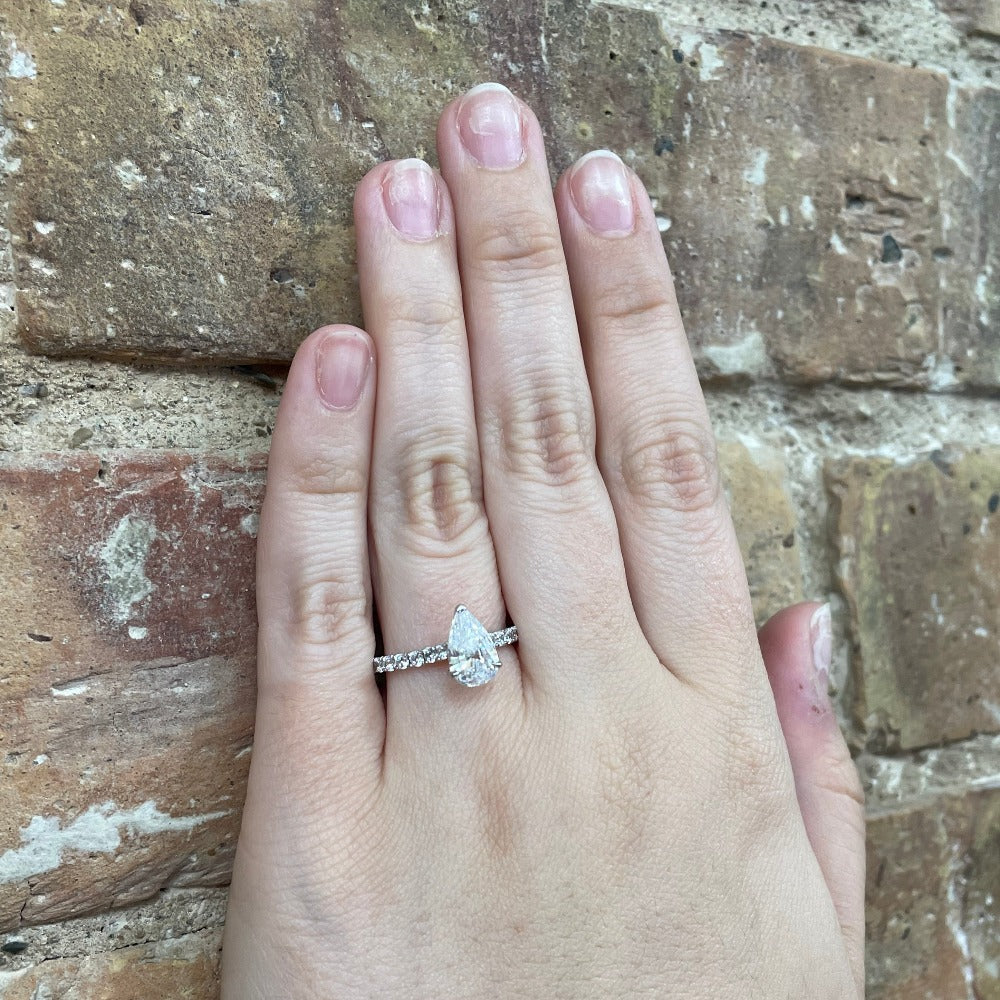 14K White Gold Pear Cut Diamond Engagement Ring (Semi-Mount) on model's hand
