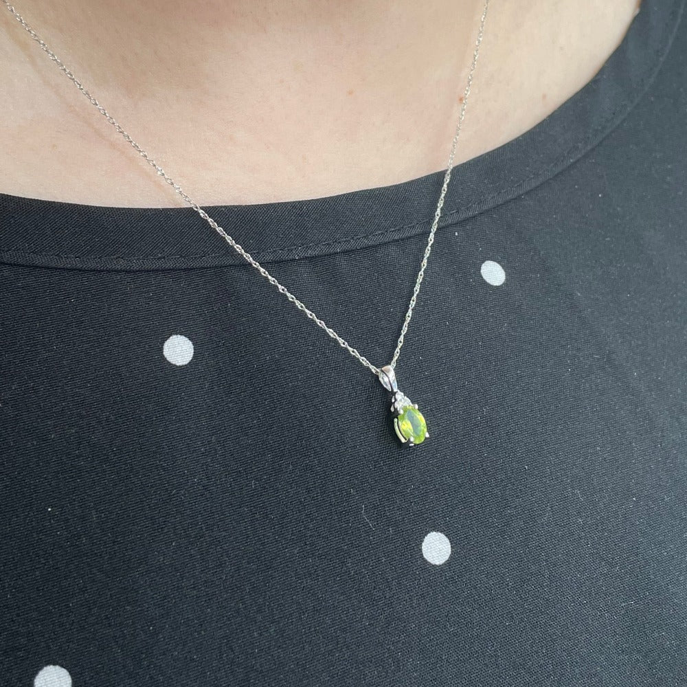 10KW Peridot and Diamond Necklace 1/50 CTW on model