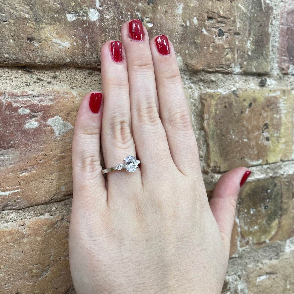 Semi-Set 14KW SallyK Diamond Engagement Ring with Pear Shaped Accents 3/8 CTW on model