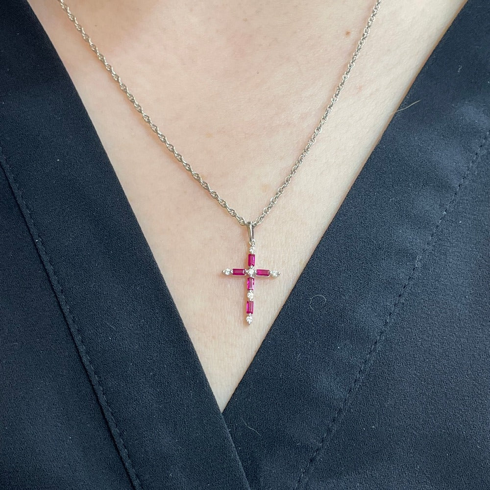 14KW Baguette Ruby and Round Diamond Cross Pendant