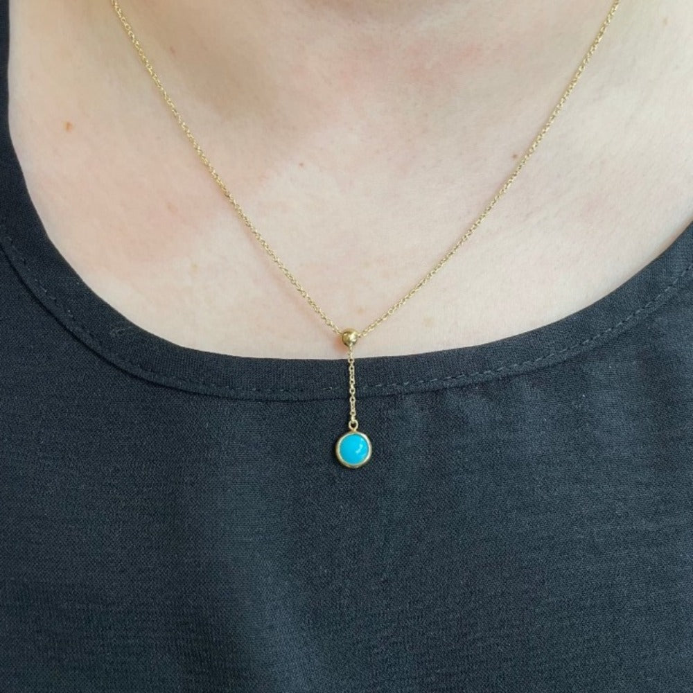 14KY Turquoise Dot Drop Necklace on model