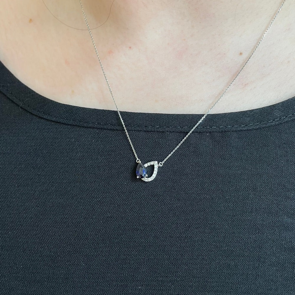 14KW Pear Shaped Blue Sapphire and Diamond Pendant on model
