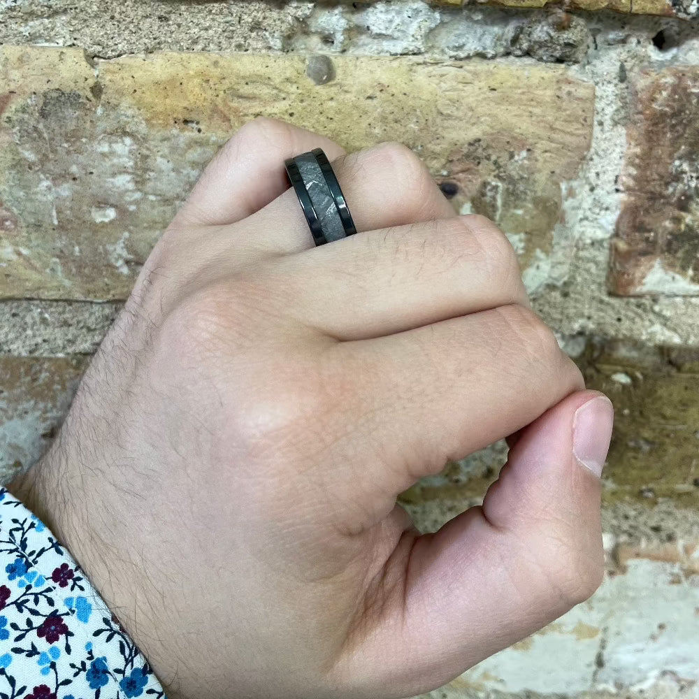 Men's 8mm Black Zirconium Ring with Meteorite Inlay