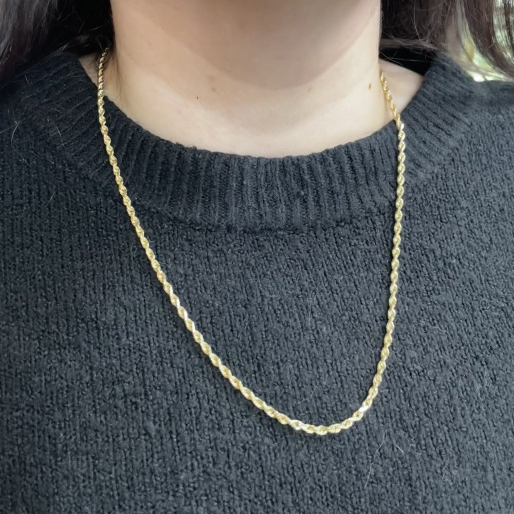10K Gold Diamond Cut Rope Chain Necklace on model