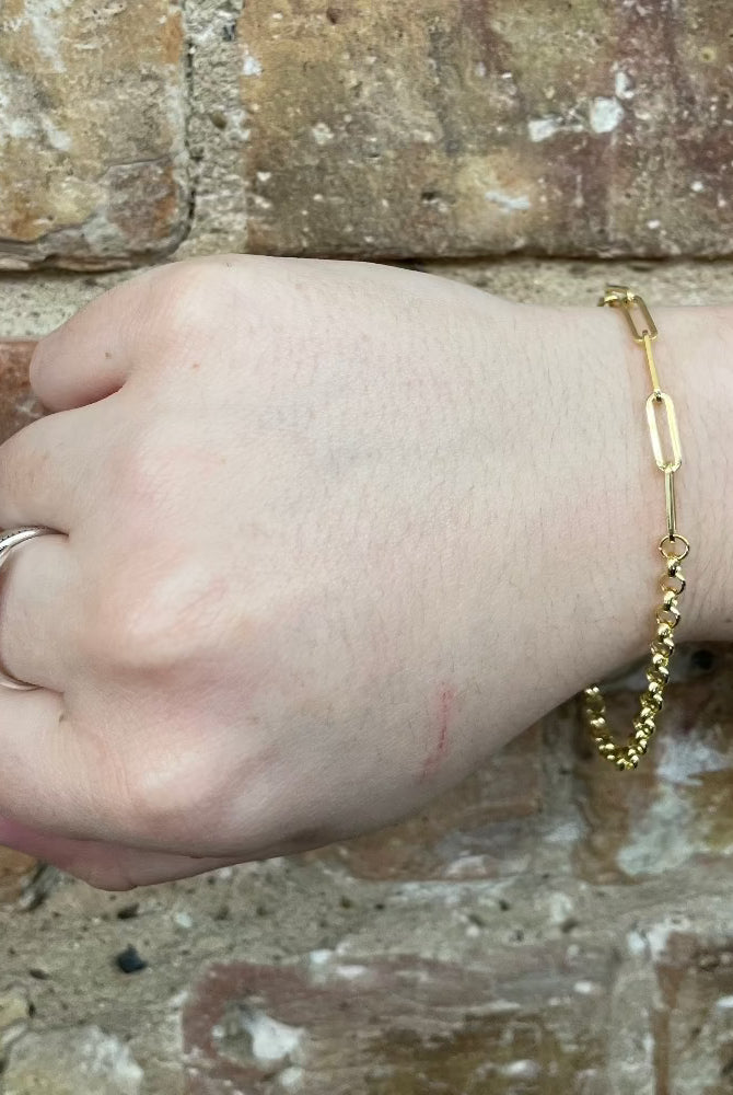 14K Gold Split Paperclip and Rolo Chain Bracelet on model