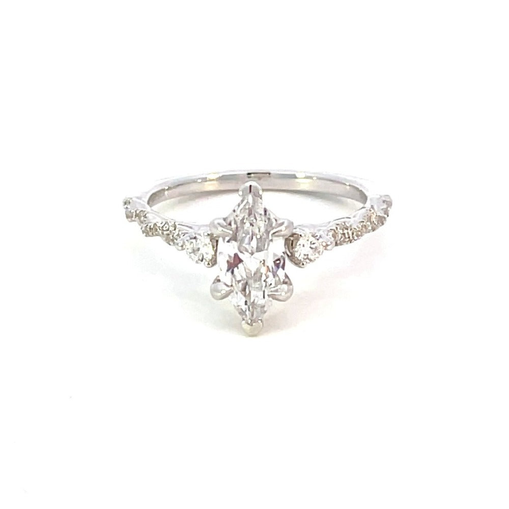 Three Stone Marquise Solitaire Cathedral Engagement Ring