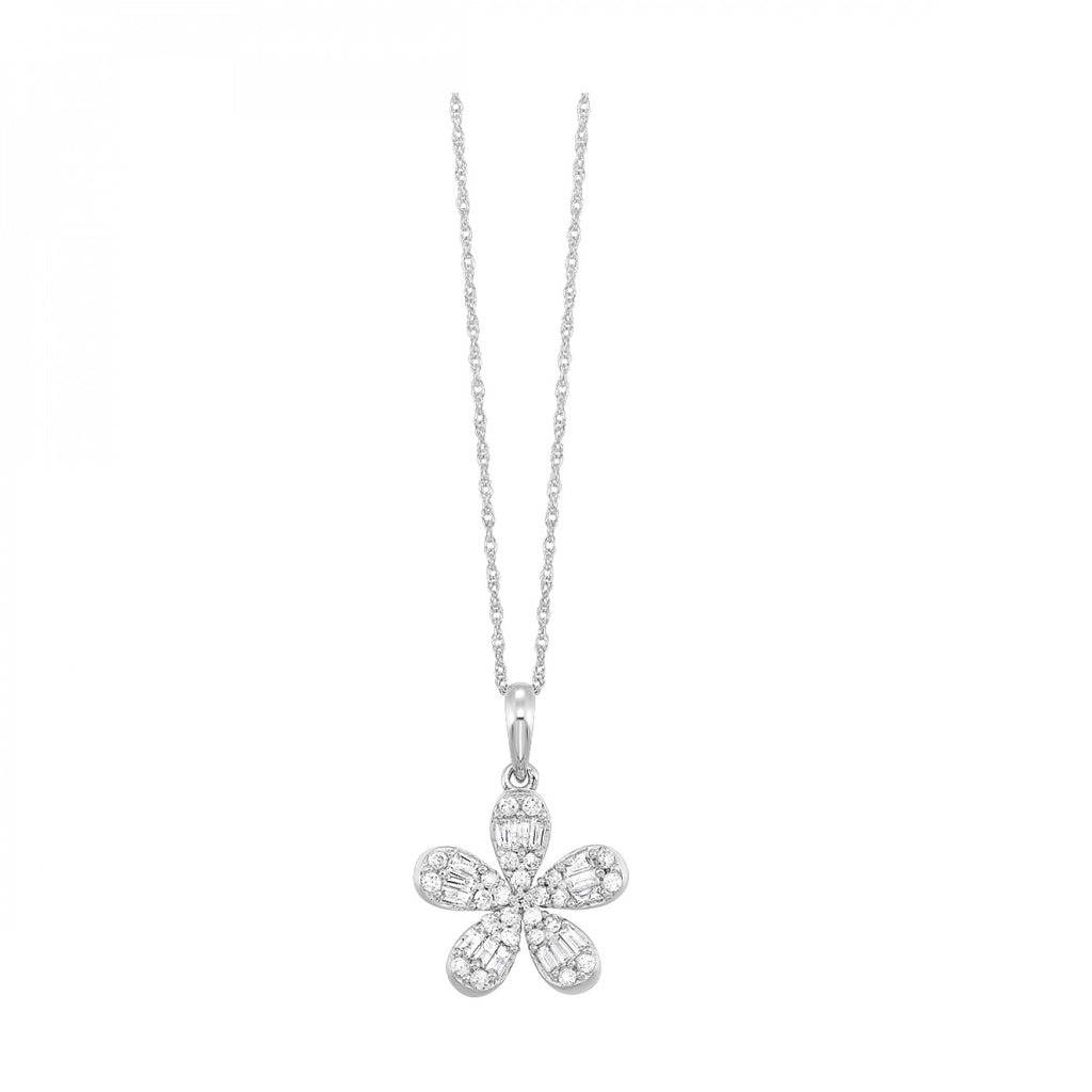 10K White Gold Flower Pendant with Baguette and Round Diamonds 1/2 CTW